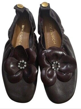 Tory Burch Burgundy Leather Flower Ballet Flats Size 7